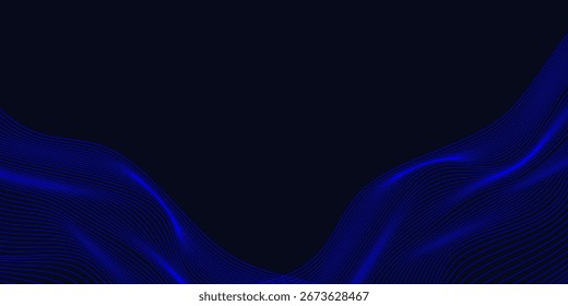 Líneas de onda brillantes Abstractas sobre fondo azul oscuro. Patrón de onda dinámica. Líneas onduladas que fluyen modernas. Concepto de tecnología futurista. Traje para el Anuncio, cartel, cubierta, folleto, volante, Sitio web