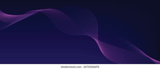 Abstract glowing wave lines on dark blue background. Dynamic wave pattern. Modern purple blue gradient flowing wave lines. Futuristic technology concept.