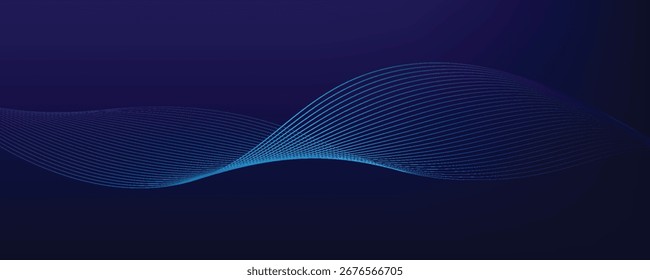 Líneas de onda brillantes Abstractas sobre fondo azul oscuro. Patrón de onda dinámica. Líneas onduladas que fluyen modernas. Moderno gradiente azul púrpura que fluye líneas de onda.