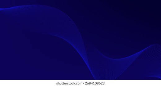 Linhas de onda brilhantes abstratas em fundo azul escuro. Padrão de onda dinâmico. Modernas linhas onduladas fluindo. Conceito de tecnologia futurista. Terno para banner, cartaz, capa, brochura, folheto, site