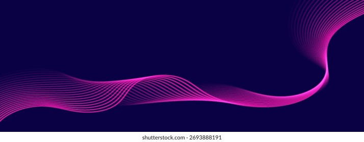 Linhas de onda brilhantes abstratas em fundo azul escuro. Padrão de onda dinâmico. Modernas linhas onduladas fluindo. Conceito de tecnologia futurista. Terno para banner, cartaz, capa, folheto, folheto, website.Eps10