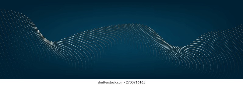 Linhas de onda brilhantes abstratas em um plano de fundo verde azul. Padrão de onda dinâmico. Fundo abstrato com partículas fluindo. Ondas dinâmicas. ilustração vetorial.