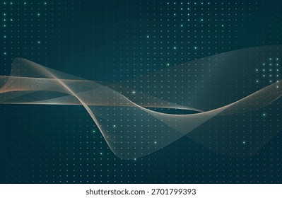 Abstractas líneas ondulatorias brillantes sobre un fondo verde azulado oscuro. Patrón de onda dinámica. Fondo Abstractas con partículas que fluyen. Ondas dinámicas, Ilustración vectorial.