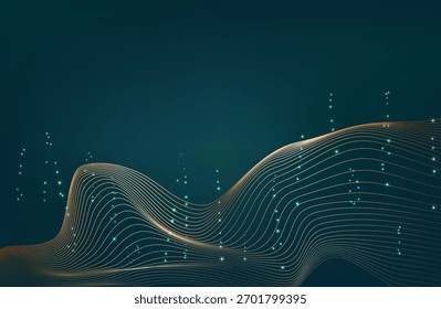Abstractas líneas ondulatorias brillantes sobre un fondo verde azulado oscuro. Patrón de onda dinámica. Fondo Abstractas con partículas que fluyen. Ondas dinámicas, Ilustración vectorial.