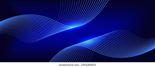 Abstrato linhas de ondas brilhantes no fundo azul escuro com padrão dinâmico e fluente.