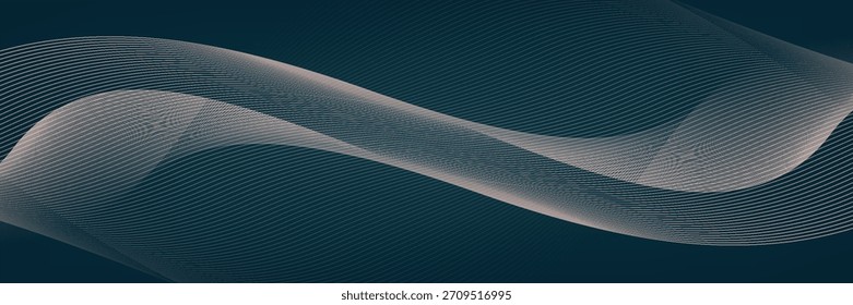 Abstractas líneas ondulatorias brillantes sobre un fondo verde azulado oscuro. Patrón de onda dinámica. Fondo Abstractas con partículas que fluyen. Ondas dinámicas, Ilustración vectorial.