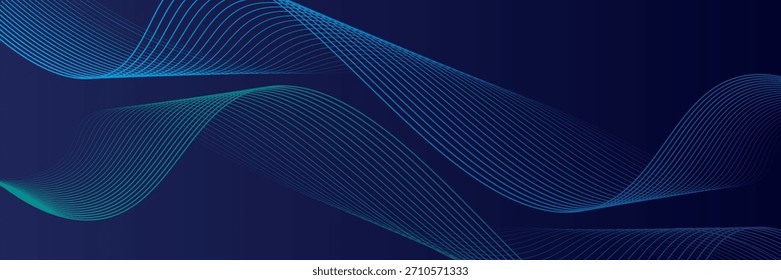 Líneas de onda brillantes Abstractas sobre fondo azul oscuro. Patrón de onda dinámica. Líneas onduladas que fluyen modernas. Concepto de tecnología futurista.