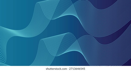 Linhas de onda brilhantes abstratas em fundo azul escuro. Padrão de onda dinâmico. Modernas linhas onduladas fluindo. Conceito de tecnologia futurista. Terno para banner, cartaz, capa, brochura, folheto, site