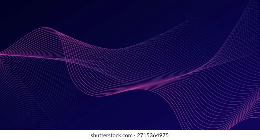 Líneas de onda brillantes Abstractas sobre fondo azul oscuro. Patrón de onda dinámica. Líneas onduladas que fluyen modernas. Concepto de tecnología futurista. Traje para el Anuncio, cartel, cubierta, folleto, volante, Sitio web