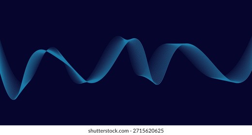Líneas de onda brillantes Abstractas sobre fondo azul oscuro. Fondo abstracto oscuro con la línea móvil brillante. Líneas onduladas fluidas modernas Traje para el Anuncio, cartel, cubierta, folleto, volante, Sitio web. 