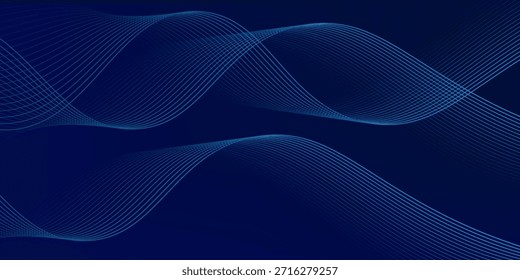 Líneas de onda brillantes Abstractas sobre fondo azul oscuro. Patrón de onda dinámica. Líneas onduladas que fluyen modernas. Concepto de tecnología futurista. Traje para el Anuncio, cartel, cubierta, folleto, volante, Sitio web.Vector.eps 10    
