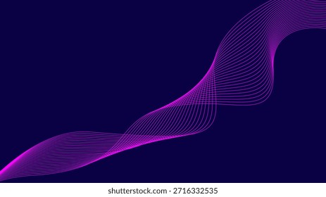 Líneas de onda brillantes Abstractas sobre fondo azul oscuro. Patrón de onda dinámica. Líneas onduladas que fluyen modernas. Concepto de tecnología futurista. Traje para el Anuncio, cartel, cubierta, folleto, volante. Eps10