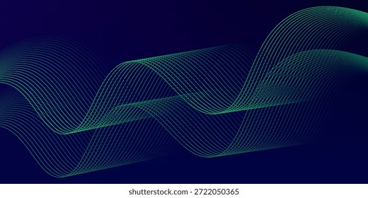 Linhas de onda brilhantes abstratas em fundo azul escuro. Padrão de onda dinâmico. Modernas linhas onduladas fluindo. Conceito de tecnologia futurista. Terno para banner, cartaz, capa, brochura, folheto, site