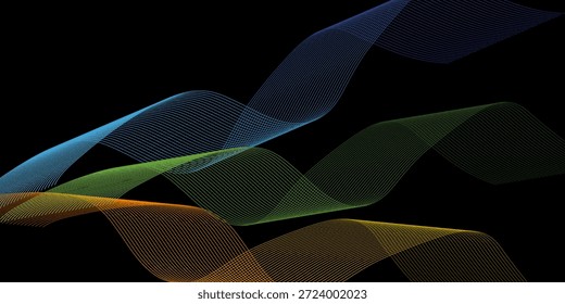 Líneas de onda brillantes Abstractas sobre un fondo negro. Patrón dinámico colorido de la onda. Líneas de onda fluidas modernas. Concepto de tecnología futurista.