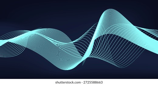Linhas de onda brilhantes abstratas em um plano de fundo azul escuro. Padrão de onda dinâmico. Fundo abstrato com partículas fluindo. Ondas dinâmicas. ilustração vetorial.