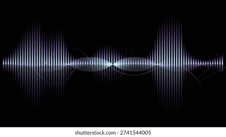 Abstract glowing waveform equalizer with blue and purple tones on a black background, digital sound visualization .