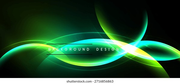 Abstrakte, leuchtende Wellen, leuchtendes Grün, Gelb, türkiser Ton. Der dunkle Hintergrund erzeugt einen dynamischen visuellen Effekt. Modernes Design.