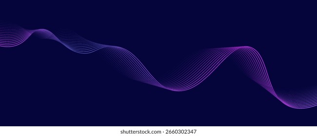 Abstract glowing wavy gradient lines on a dark blue background. Dynamic wave pattern. Modern flowing wavy lines.