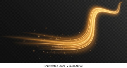 Abstract glowing wavy trail with dynamic particles isolated on transparent black background. Golden luminous neon shape wave. Sparkling light effect. Vector illustration. EPS 10.