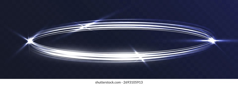 Anel de luz branco brilhante abstrato com faíscas e reflexões no fundo escuro.