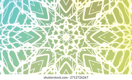 Abstract glowing white lines forming a symmetrical pattern on a colorful background, Abstracts Twirls Kaleidoscope A, Stock royalty free image.