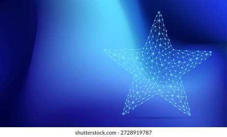 Abstract glowing wireframe star made of connected dots and lines on blue gradient background. Concept of digital network, technology, innovation, data connection and futuristic design.