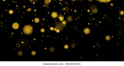 Abstract glowing yellow bokeh light spots on a black background, decorative digital particle effect on transparent background
