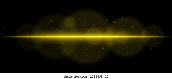 Abstract glowing yellow light streak on a dark background. A horizontal neon beam with radiant flare, bokeh effects, and floating particles creates a futuristic and dynamic energy glow