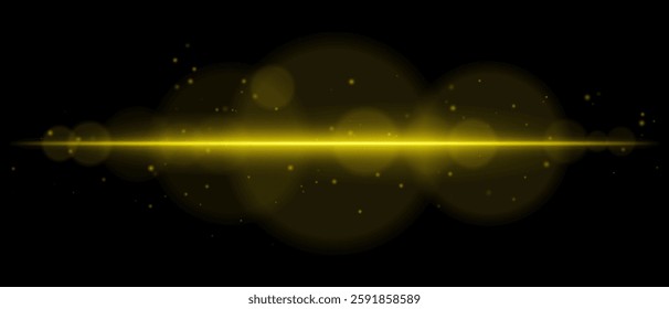 Abstract glowing yellow light streak on a dark background. A horizontal neon beam with radiant flare, bokeh effects, and floating particles creates a futuristic and dynamic energy glow