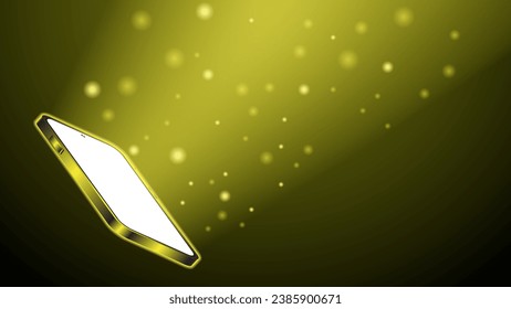 Abstract glowing yellow lights on display screen on smart phone, The Luminous smartphone screen, golden yellow screen design. Mobile display light. Vector illustration.