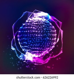 Abstract Glowingh Sphere Vector. Futuristic Technology Style. Modern Background For Business Presentations. Flying Debris. 3D Vector Illustration.
