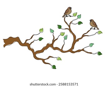 Abstract gnarled branching branch, tree with small birds, continuous single one line art hand drawing sketch logo