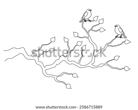 Abstract gnarled branching branch, tree with small birds, continuous single one line art hand drawing sketch logo