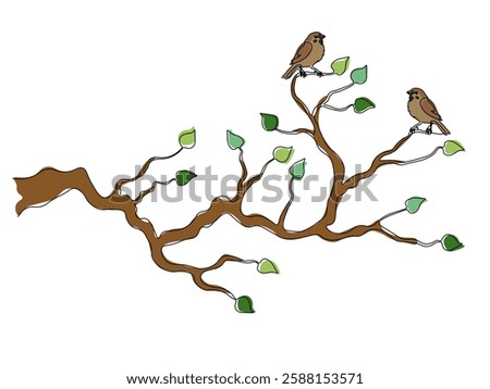 Abstract gnarled branching branch, tree with small birds, continuous single one line art hand drawing sketch logo