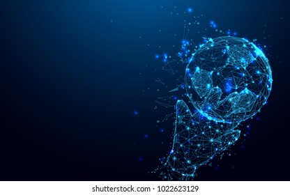 Abstract goalkeeper hands catching ball form lines and triangles, point connecting network on blue background. Illustration vector