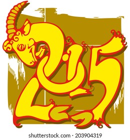 Abstract goat. Image of digits. Horned animal in the form of 2015. Yellow and red.