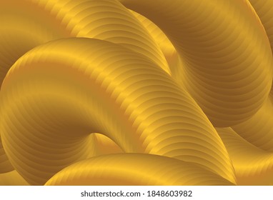 Abstract Gold 3D fluid shape background. Creative 3D blend shapes dynamic composition. Gold colored blend with swirls waves and twists. Wave Technology Background. Modern design. Vector illustration.
