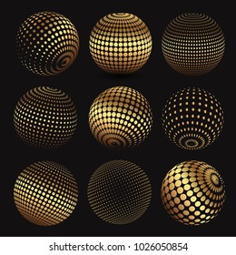 Abstract gold 3D spheres.Dotted vector design elements.