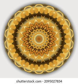 Abstract gold 3d sunflower. Round floral mandala pattern on white background. Golden flowery 3d ornament. Surface shiny flower. Rosette. Plate. Ornamental decorative backdrop. Ornate luxury design.