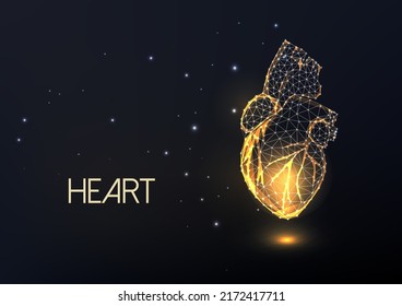 Abstract Gold Anatomical Human Heart In Glowing Low Polygonal Style Isolated On Black Background. 