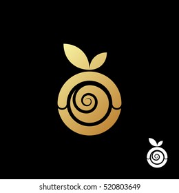 Abstract gold apple logo template. Golden sticker on a black background. Spiral seed inside the apple. Creative and modern symbol for company identity, advertising, poster, banner, web and flyer.