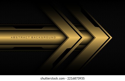 Abstract gold arrow black cyber geometric line banner on black hexagon mesh pattern design ultramodern luxury futuristic technology background vector illustration.