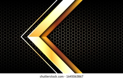 Flecha abstracta de oro en el diseño de malla hexagonal oscuro diseño moderno lujoso ilustración futurista de fondo vectorial.