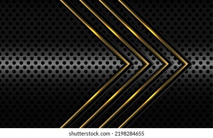 Resumen de la dirección de la flecha de oro en el diseño de la malla de círculo metálico gris oscuro diseño de imagen moderna de fondo futurista de fondo vectorial.