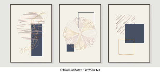 Abstract gold art background vector. Minimal and luxury wall art with geometric shape, Cycle, dot, golden line glitter and watercolor brush. Wallpaper design for canvas prints, poster, wall decoration