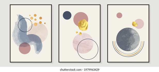 Abstract gold art background vector. Minimal and luxury wall art with geometric shape, Cycle, dot, golden line glitter and watercolor brush. Wallpaper design for canvas prints, poster, wall decoration