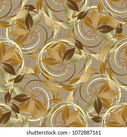 Abstract gold autumn 3d seamless pattern. Vector leafy floral background. Wallpaper. Vintage line art tracery intricate swirls, spiral, branches, leaves. Modern  ornament. Ornamental patterned design