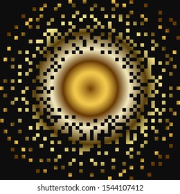 Abstract gold background, circle of dissolving pixels. Vector illustration.