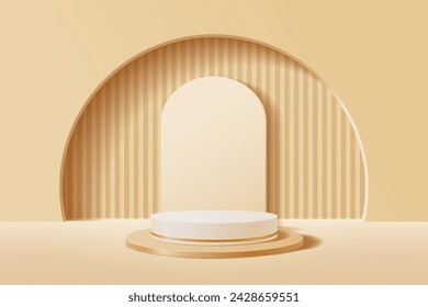 Abstract gold background with cylinder podium for displaying products, 3D white and gold cylindrical pedestal with a curved backdrop and a cavernous wall, Vector illustration