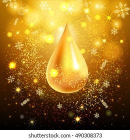 Abstract gold background. Gold drop of sparkling sequins. Design template invitation, holiday, new year. Fashionable modern vector illustration.